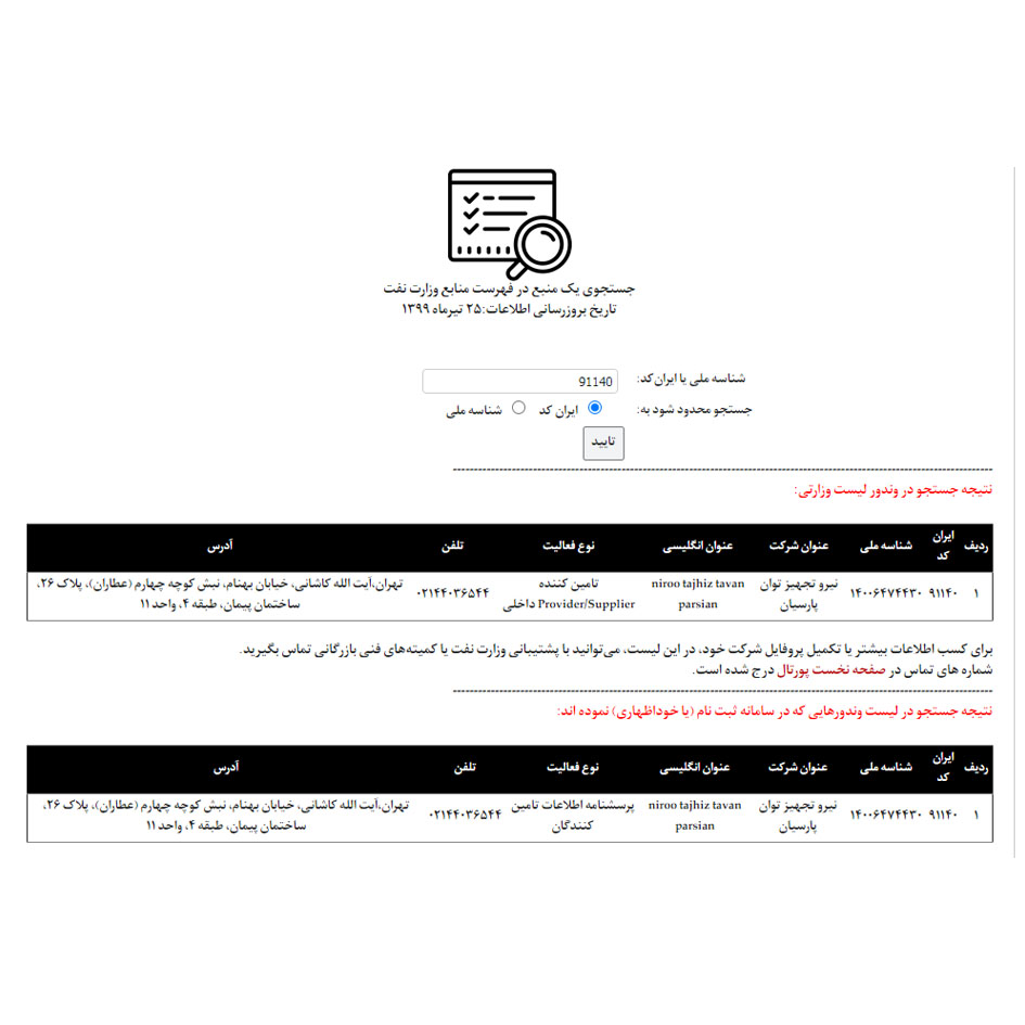 وندر لیست منابع وزارت نقت
